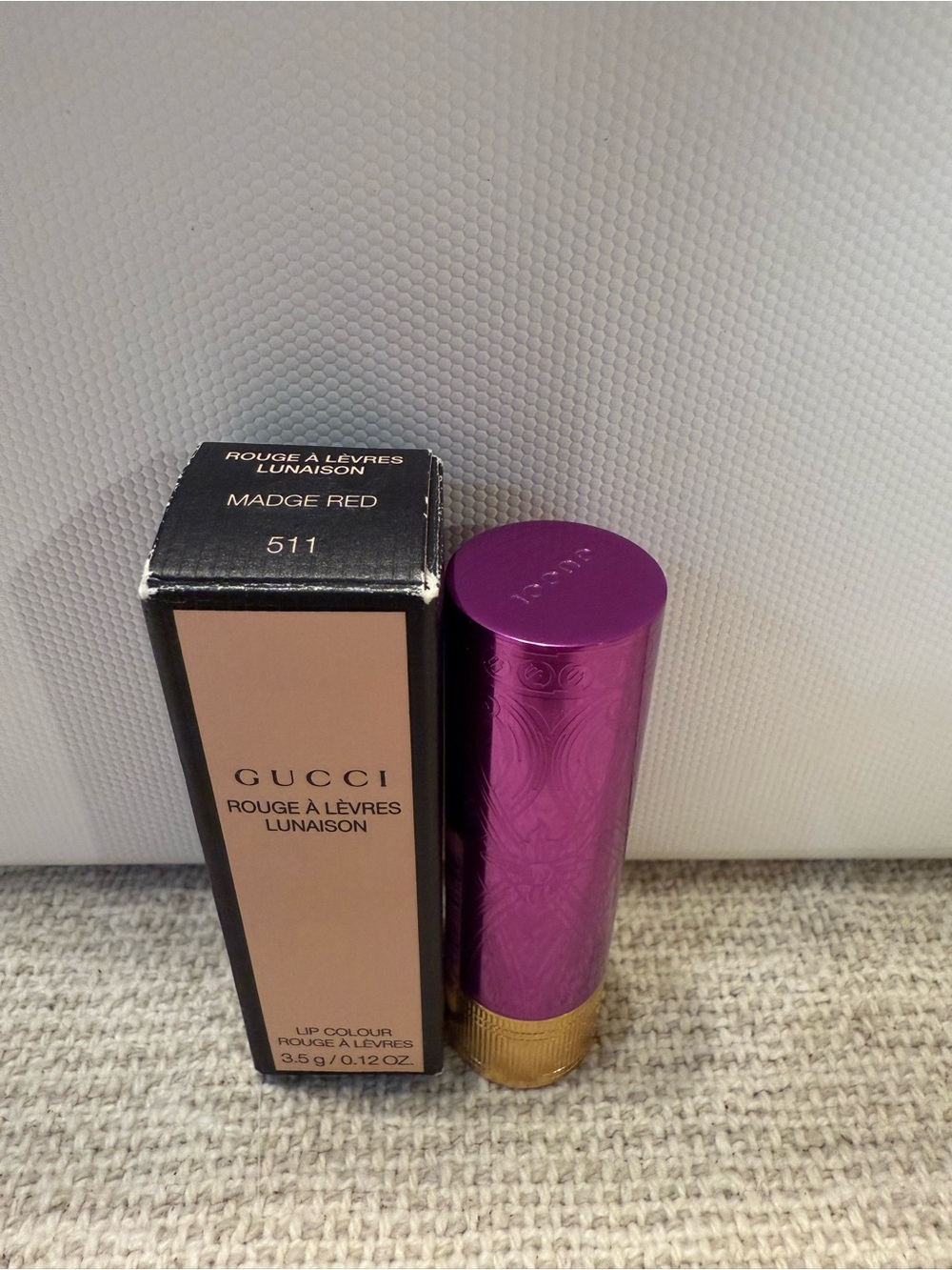 Gucci Lunaison Lipstick in Madge Red with Purple-Gold Case